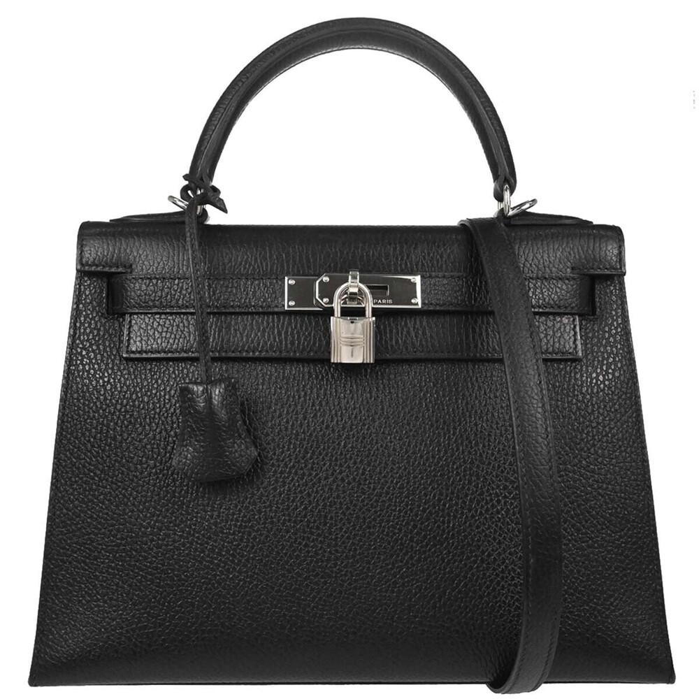 Hermes Kelly Black Vache Liegee with Palladium Hardware 28